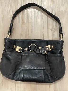 B.makowsky Black Leather Shoulder Bag with Gold-Tone Accents